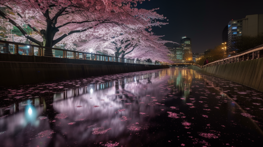 夜桜,川